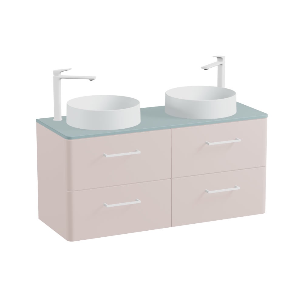Vado Cameo 1200mm Pink Clay Wall Hung 4 Drawer Vanity Unit, Cove Blue Worktop & Arctic Basins