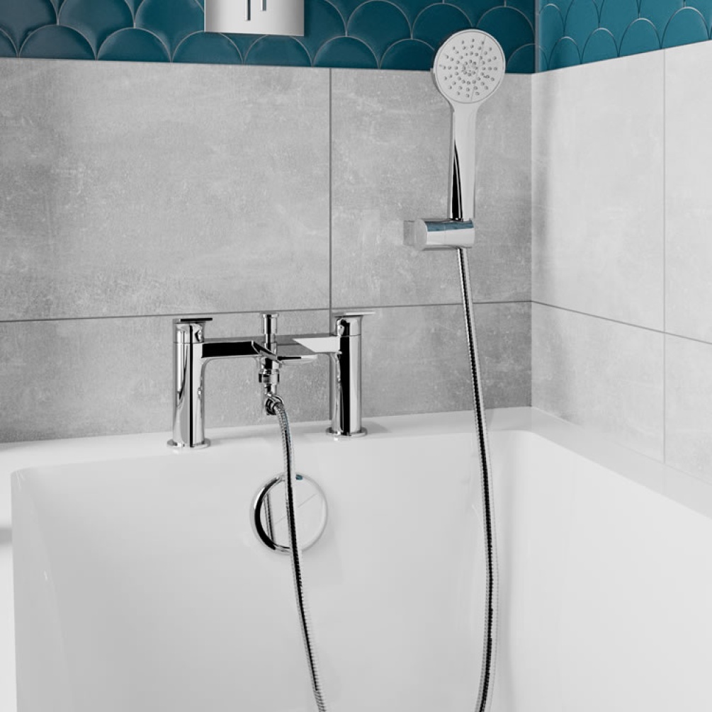 Photo of the Greenwich 2TH Bath Shower Mixer in Chrome with light grey and blue tiles