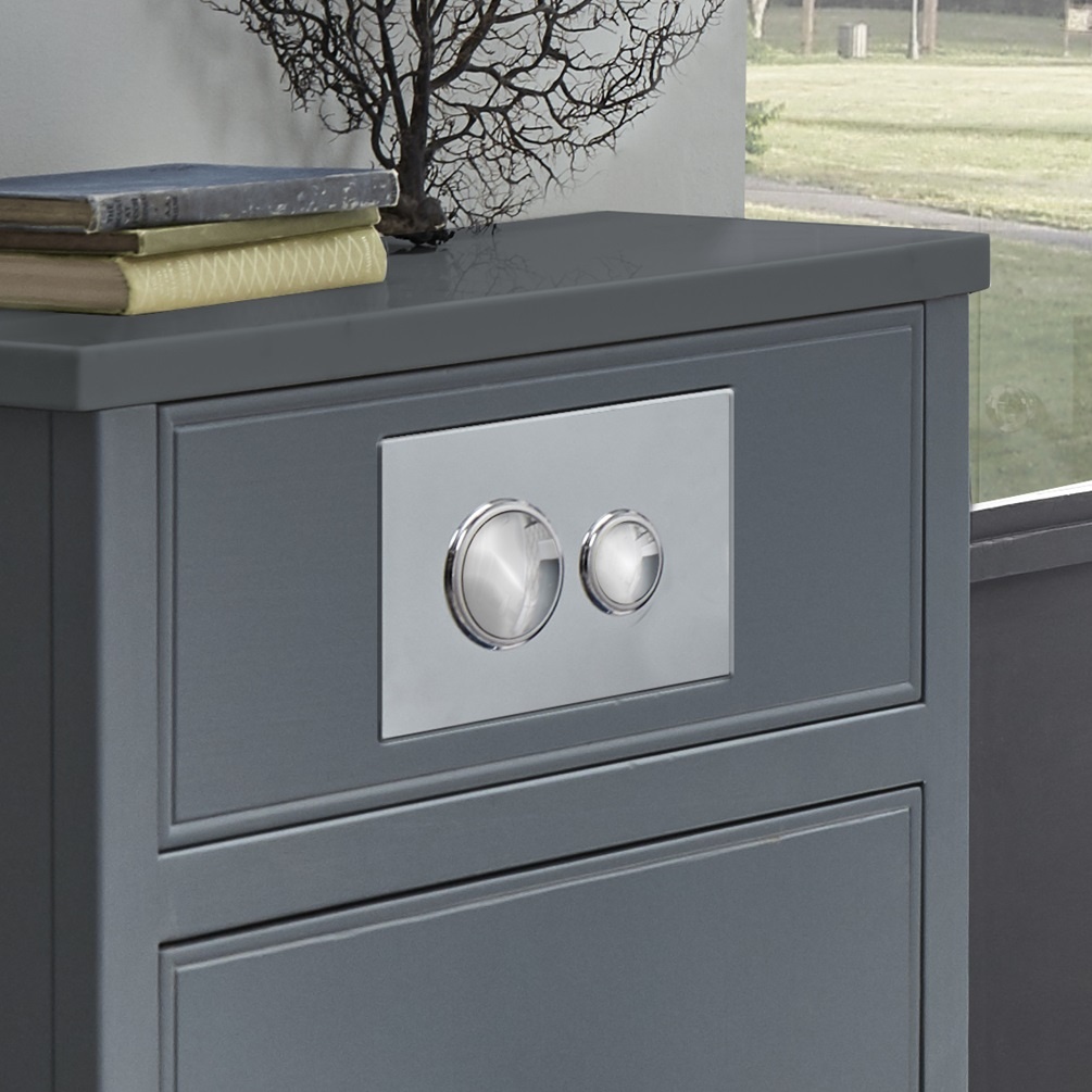product lifestyle image of Tavistock Chrome Traditional Dual Flush Plate fitted to grey back to wall unit TR9019