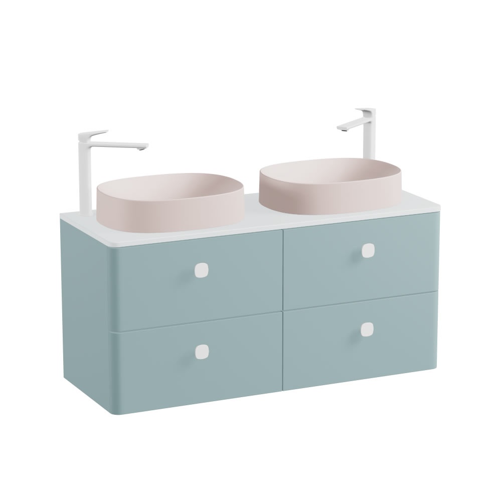 Vado Cameo 1200mm Cove Blue Wall Hung 4 Drawer Vanity Unit, Arctic White Worktop & Pink Oval Basin