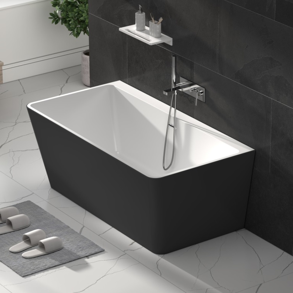 Product Lifestyle Image of Sanctuary Courchevel 1500mm Back to Wall Freestanding Bath -  Black SB207-PAINTED