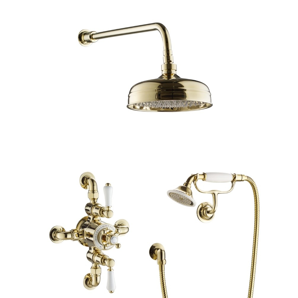 JTP Grosvenor Cross Polished Gold Exposed Valve Rainfall Shower & Handset Cut Out