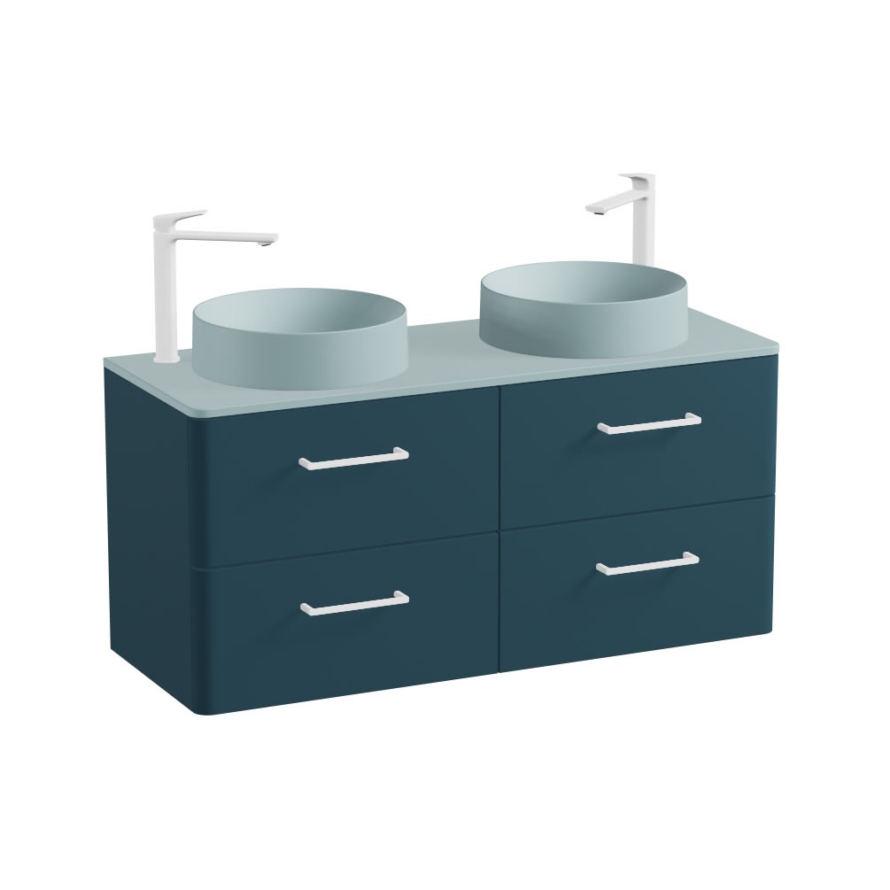 Vado Cameo 1200mm Atlantic Blue Wall Hung 4 Drawer Vanity Unit, Cove Blue Worktop & Basins