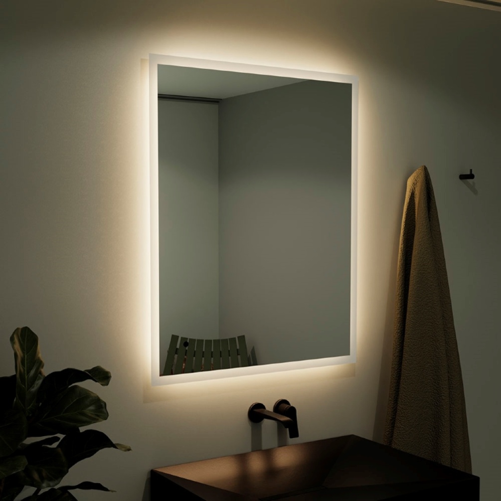 Product Lifestyle Image of the Origins Living Edison Rectangular Backlit LED Mirror EDS-011068-00 EDS-011108-00 EDS-011128-00