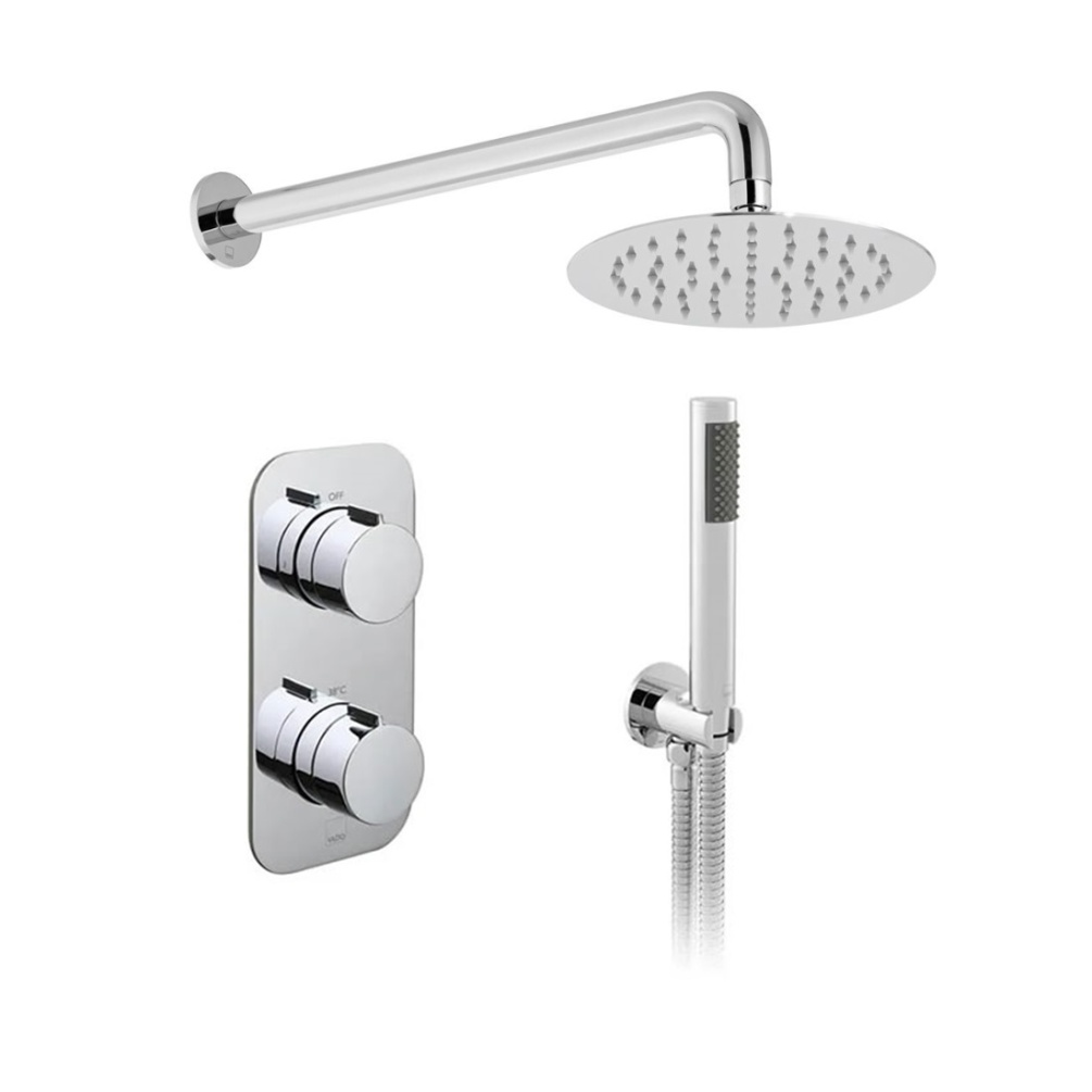 Product cut out image of Vado Tablet 2 Outlet 2 Handle Concealed Thermostatic Shower Valve with 200mm Aquablade Shower Head and Arm and Zoo Shower Kit with Hose and Outlet