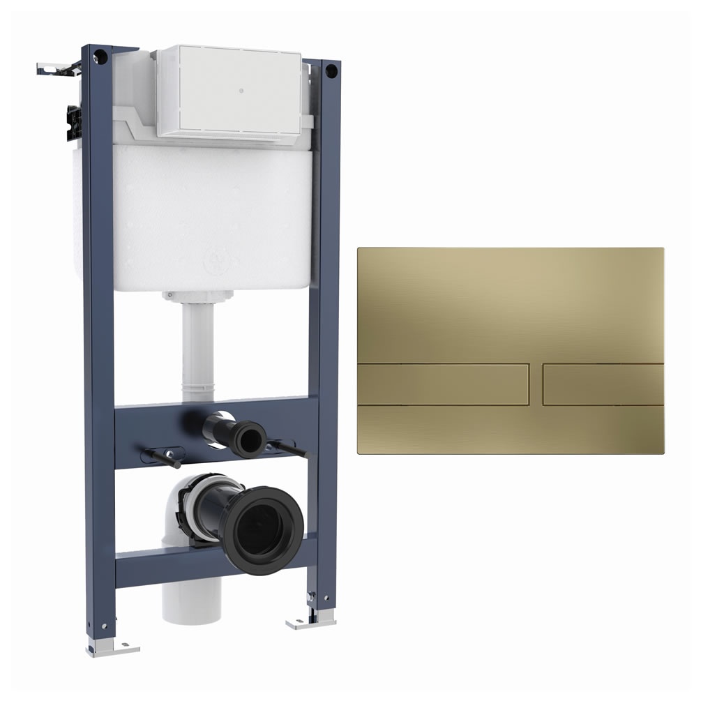 Cutout image of Crosswater 980mm Wall-Hung Cistern Frame & Venue Brushed Brass Dual Flush Plate