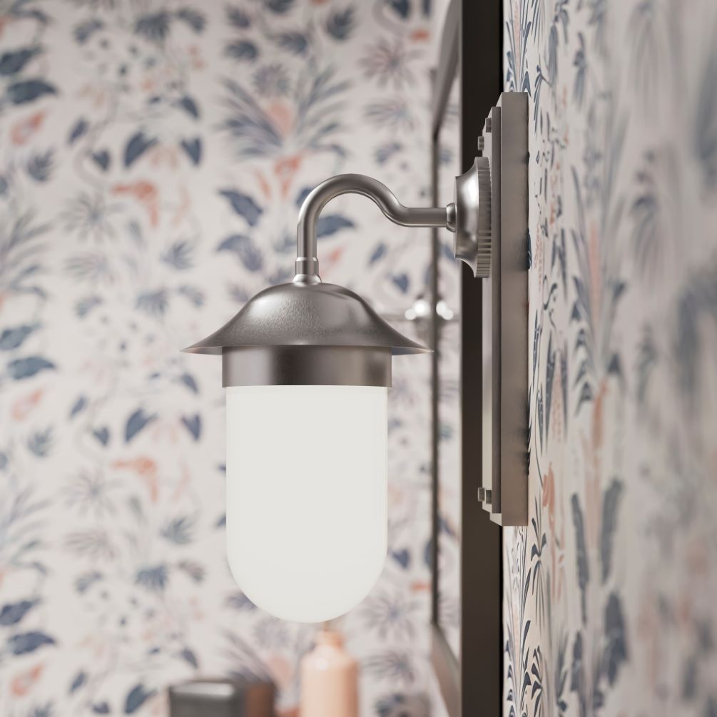 Close up lifestyle image of Burlington Guild Brushed Nickel Wall Mounted Frosted Lights