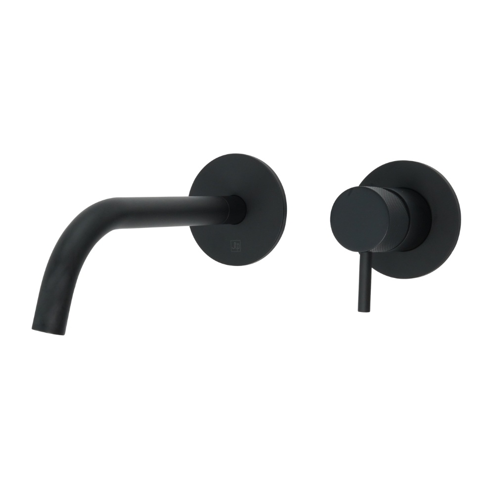 Product Cut out image of the JTP Vos Matt Black Wall Mounted Slim Basin Mixer with Designer Knurled Handles