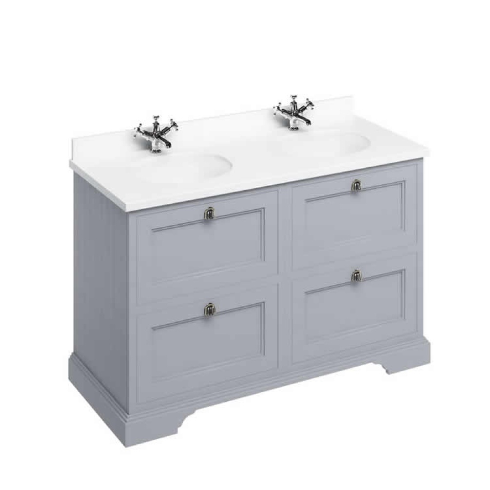 Product Cut out image of the Burlington Minerva 1300mm Double Worktop & Classic Grey Freestanding Vanity Unit with Drawers with white worktop