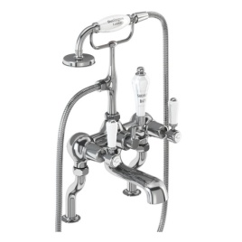 image of burlington kensington bath taps in chrome with white ceramic indices and shower handset