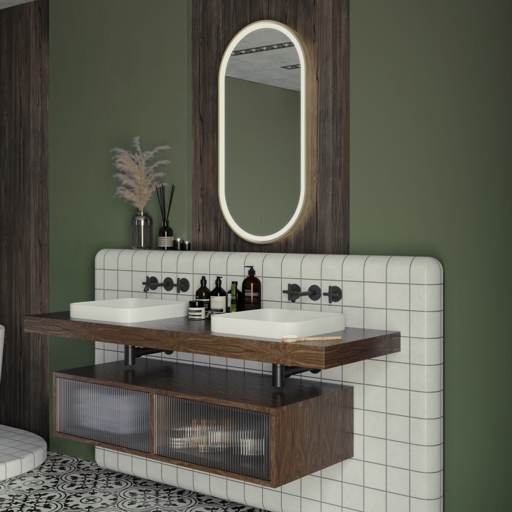 Lifestyle image of Origins Living Lomax Light Capsule Brushed Brass Mirror 500mm x 1000mm