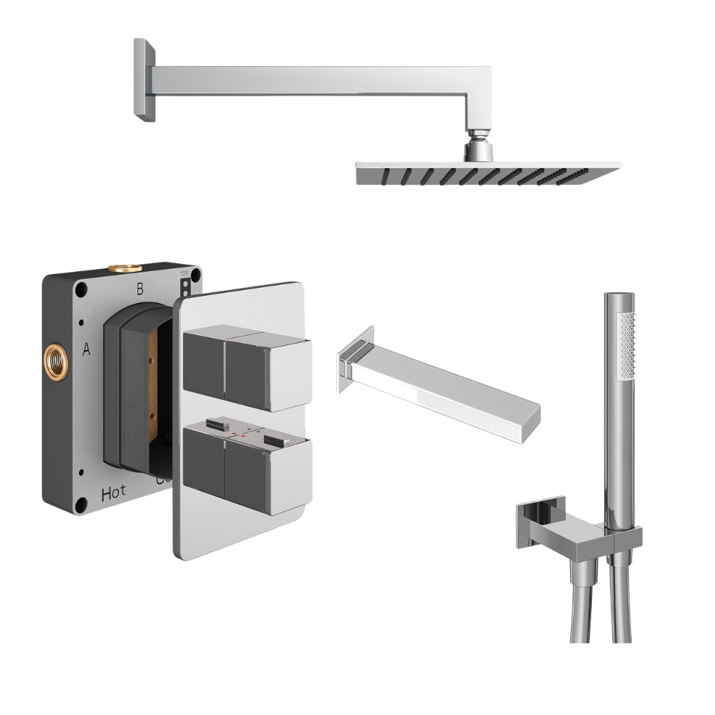 Product Cut out image of the Abacus Square Chrome 3 Outlet Shower Pack with Bath Spout & Handset