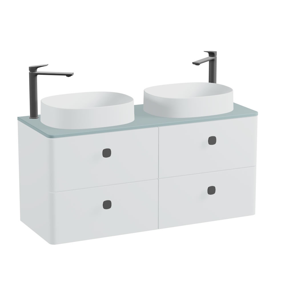 Vado Cameo 1200mm Arctic White Wall Hung 4 Drawer Vanity Unit, Cove Worktop & Arctic Oval Basins