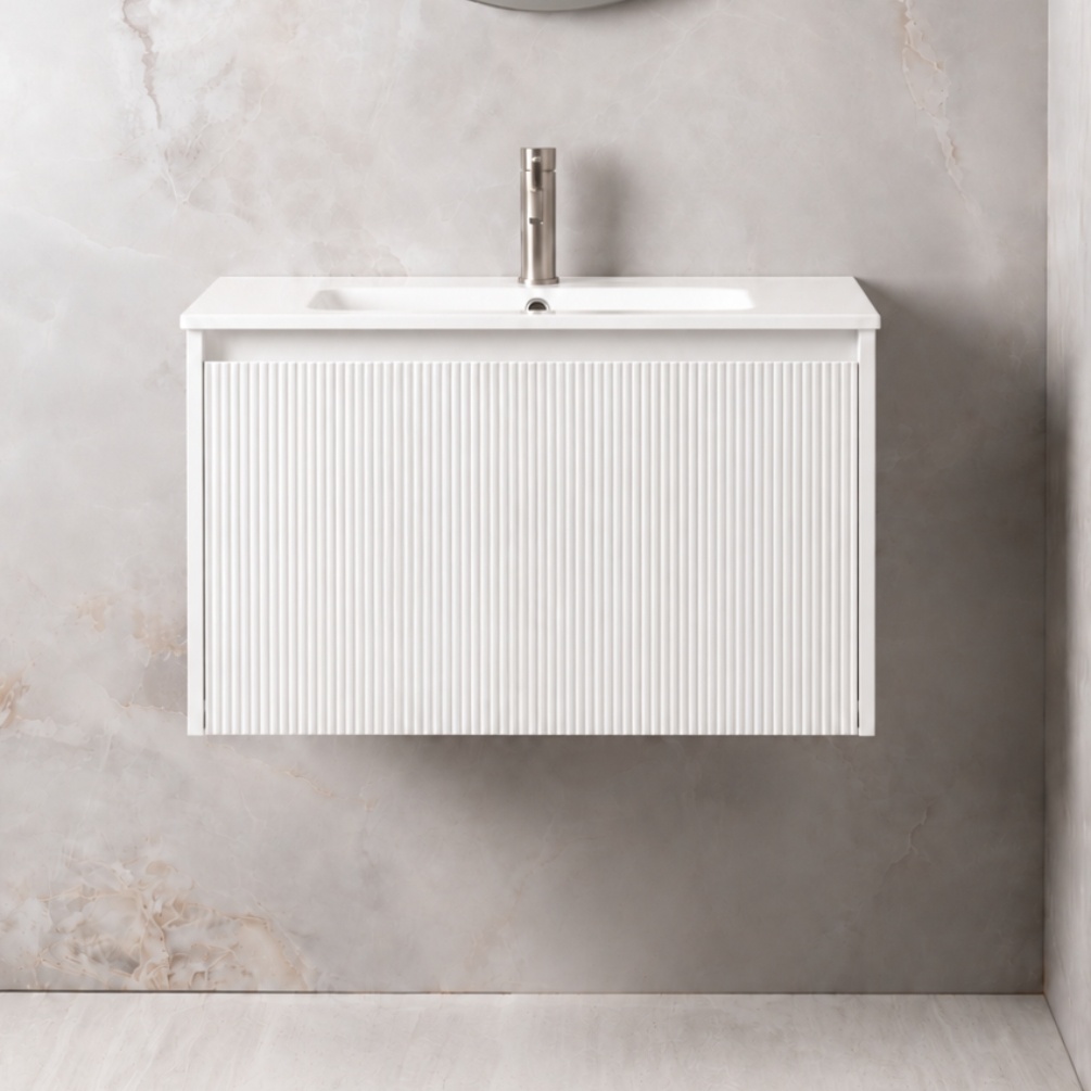Montara 810mm x 465mm Matt White Wall Hung Fluted Vanity Unit & Basin Lifestyle Image
