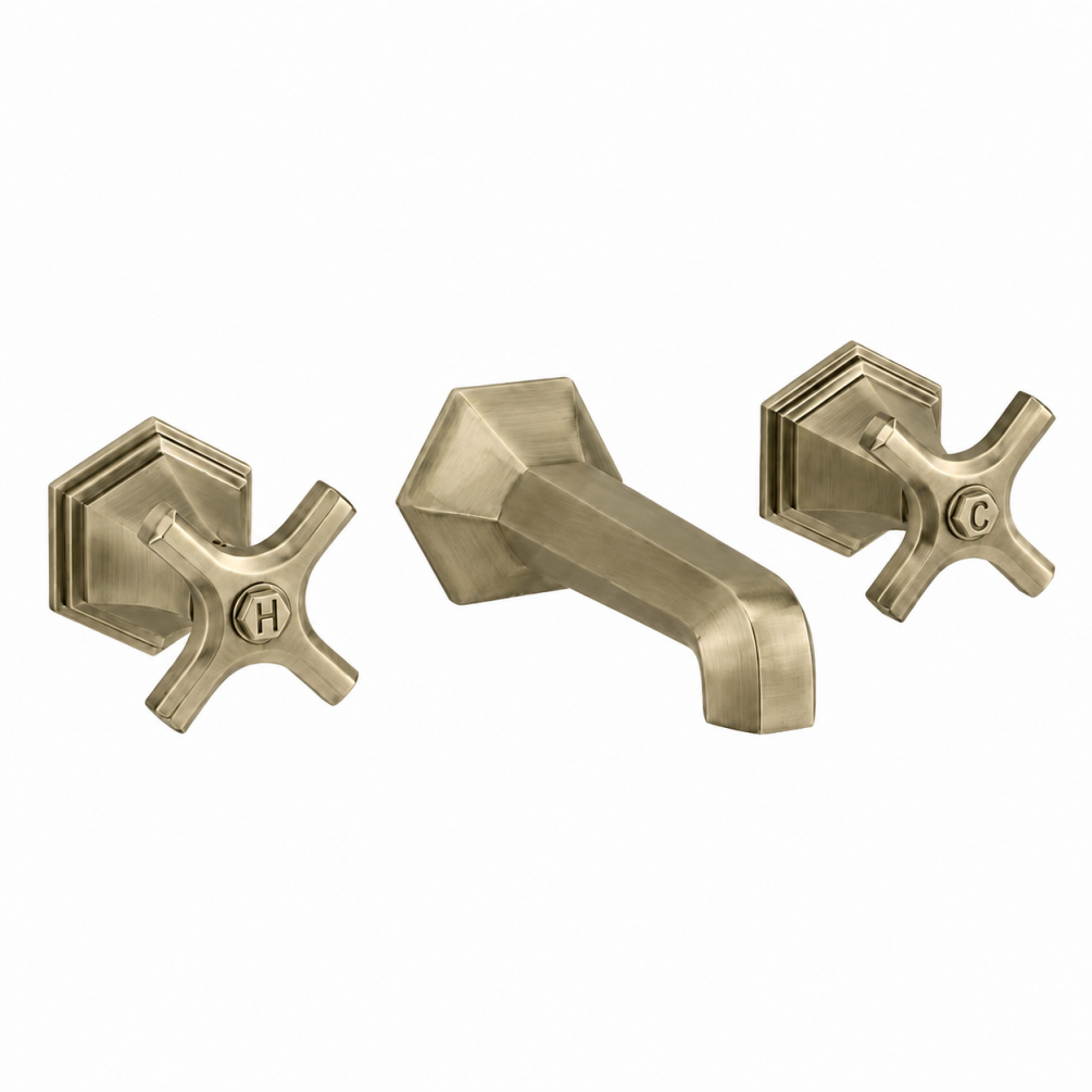 Cut out image of the Crosswater Waldorf Brushed Brass 3 Tap Hole Crosshead Wall Mounted Basin Mixer