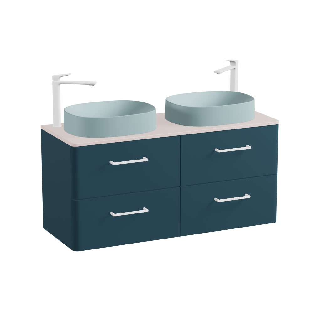 Vado Cameo 1200mm Pink Clay Wall Hung 4 Drawer Vanity Unit, Pink Clay Worktop & Cove Blue Oval Basin