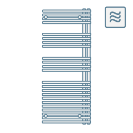 iconography image of a heated towel rail radiator with icon for heating shown in top corner of three wavy lines