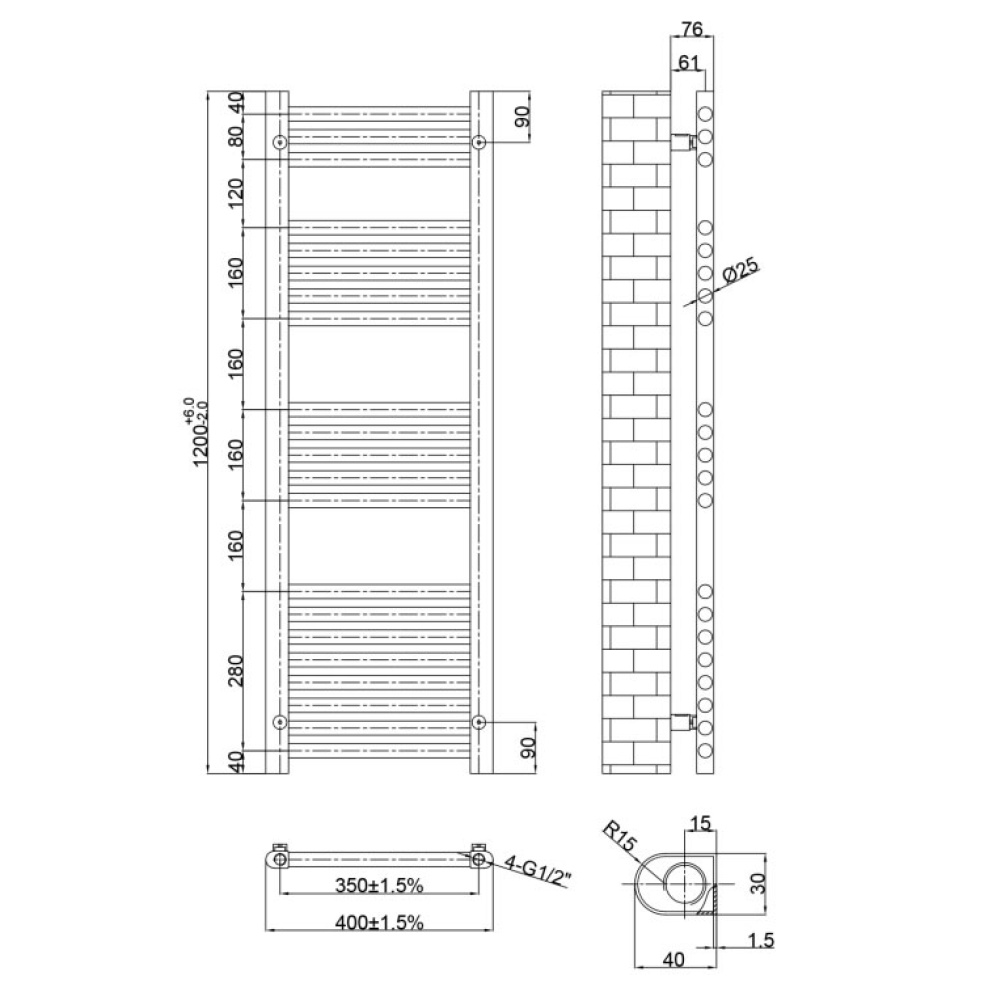 JTP Vos 1200 x 400mm Brushed Bronze Radiator - VOS1204BRZ | Sanctuary Bathrooms