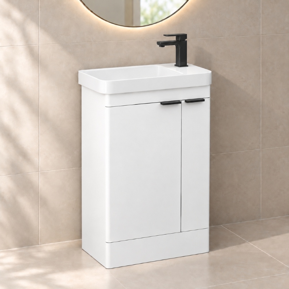 IMEX Luna Matt White 550mm 2-Door Floor Standing Cloakroom Vanity Unit Lifestyle