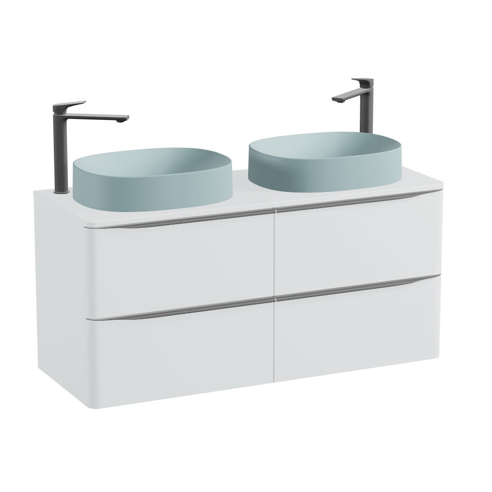 Vado Cameo 1200mm Arctic White Wall Hung 4 Drawer Vanity Unit, Worktop & Cove Blue Basins