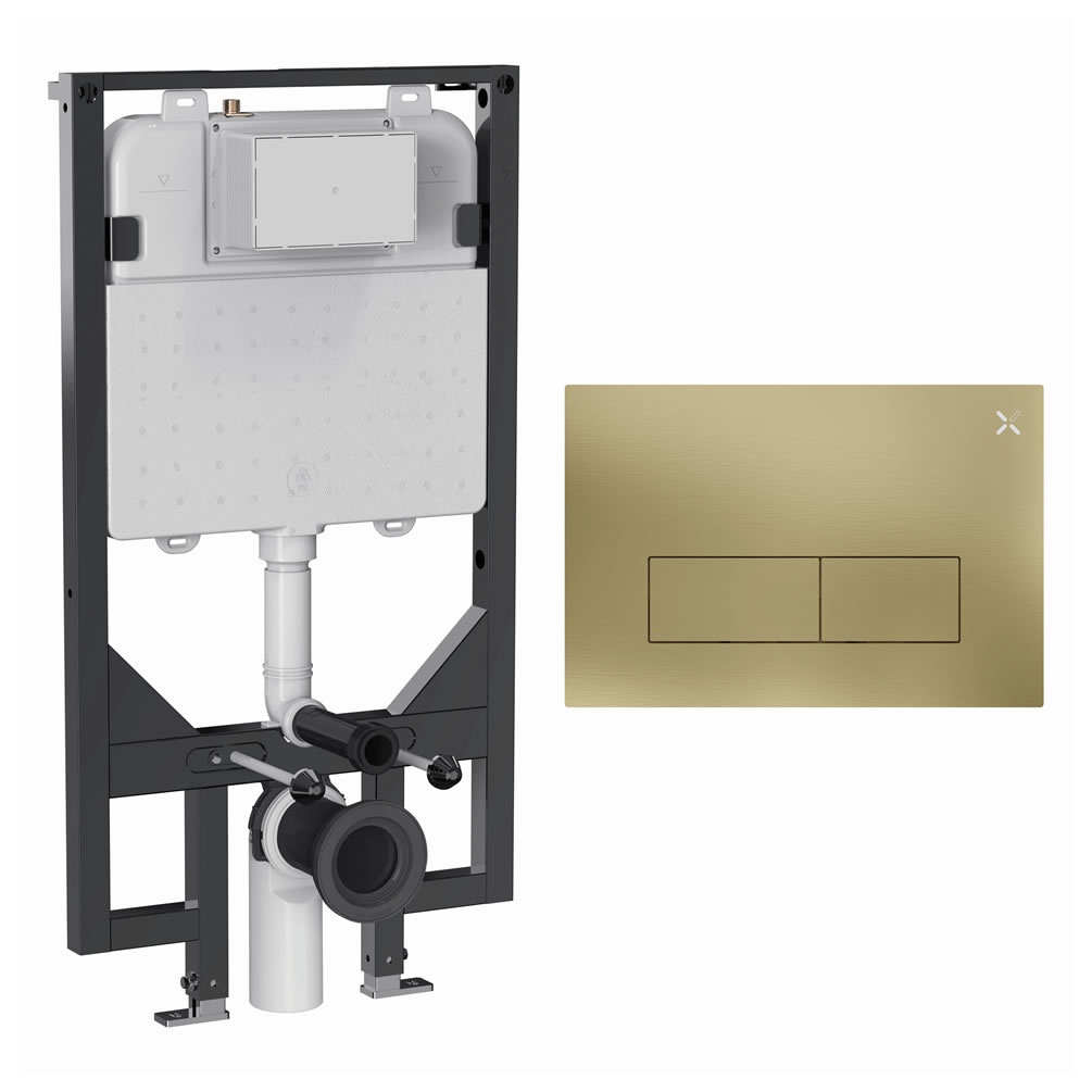 Cutout image of Crosswater 1140mm Ultra-Slim Wall-Hung Cistern Frame & MPRO Brushed Brass Stainless Steel Dual Flush Plate