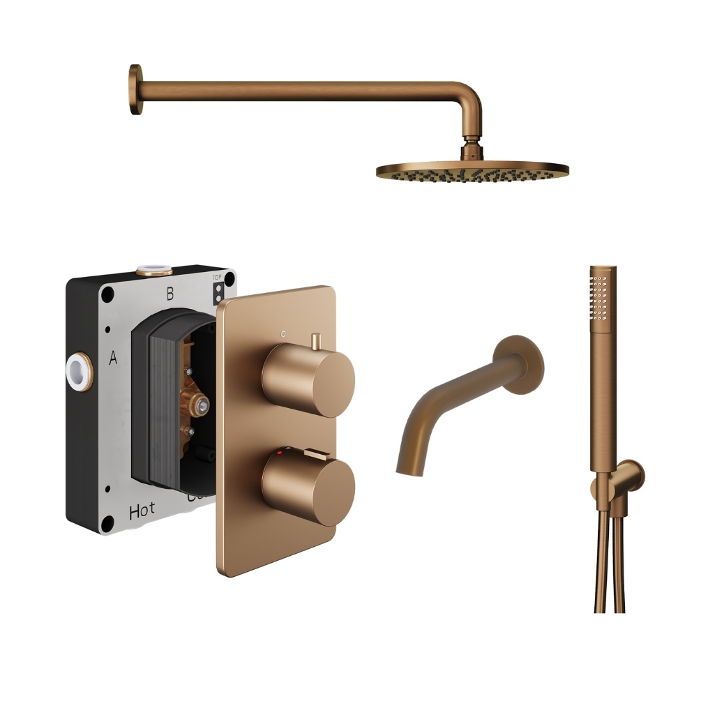 Product Cut out image of the Abacus Iso Brushed Bronze 3 Outlet Shower Pack with Bath Spout & Handset