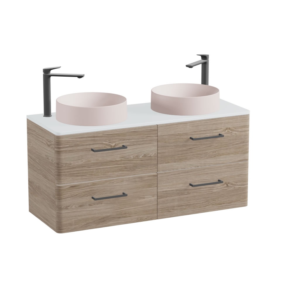 Vado Cameo 1200mm Natural Oak Wall Hung 4 Drawer Vanity Unit, Arctic Worktop & Pink Round Basins