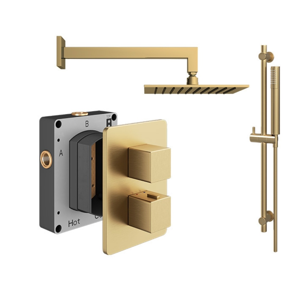 Product cut out image of the Abacus Square Brushed Brass 2 Outlet 2 Handle Shower Pack with Fixed Head & Slide Rail