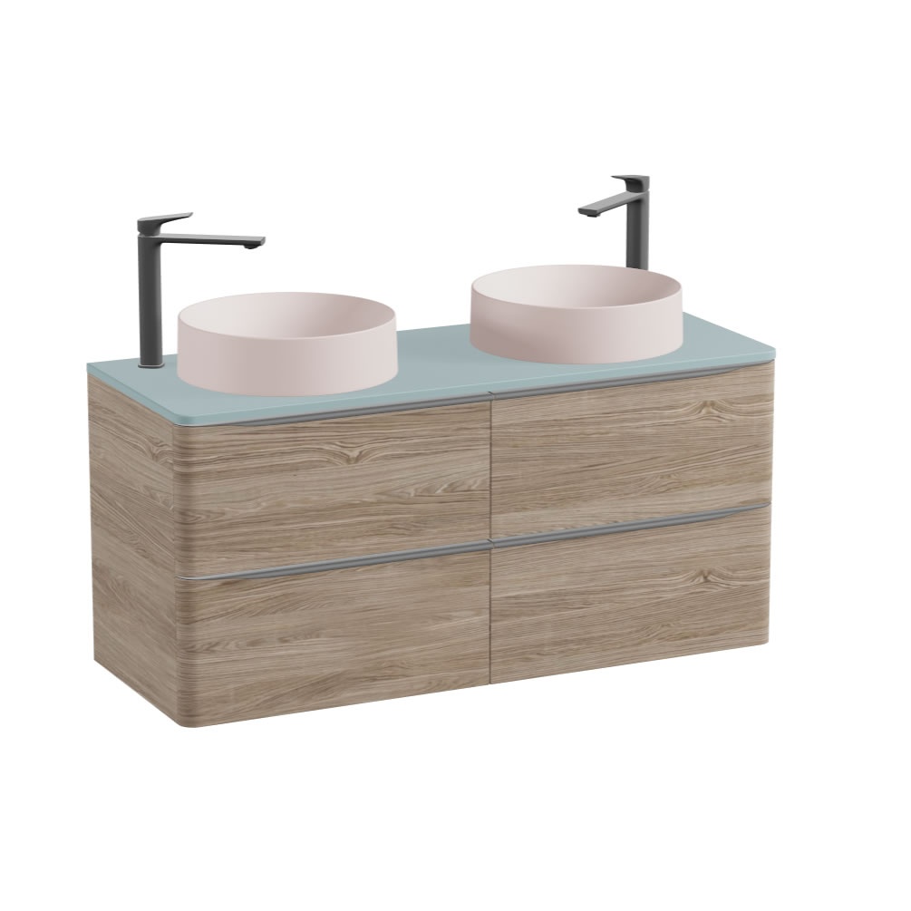 Vado Cameo 1200mm Natural Oak Wall Hung 4 Drawer Vanity Unit, Cove Blue Worktop & Pink Round Basins