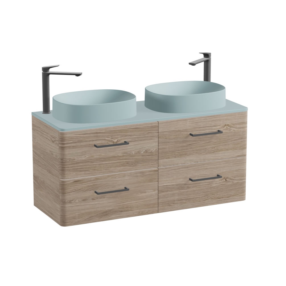 Vado Cameo 1200mm Natural Oak Wall Hung 4 Drawer Vanity Unit, Cove Blue Worktop & Basins