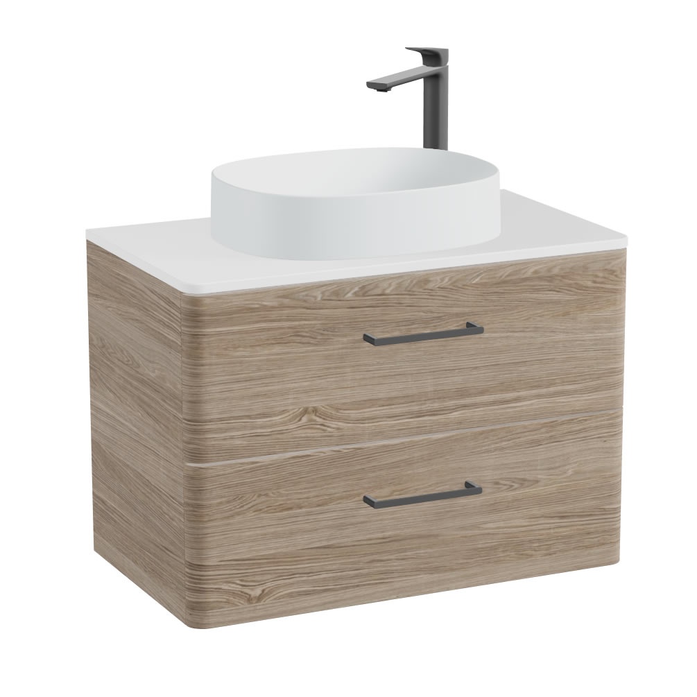 Vado Cameo 800mm Natural Oak Wall Hung 2 Drawer Vanity Unit, Gloss Worktop & Arctic Basin