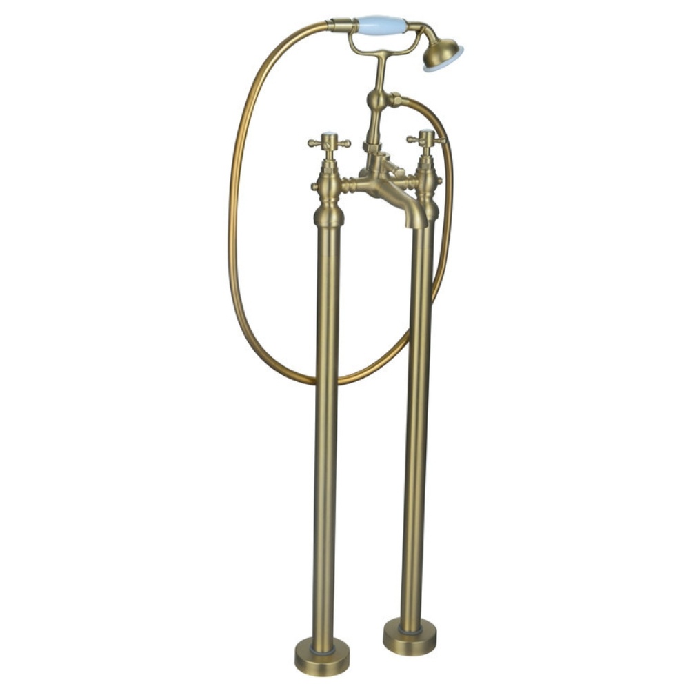 Product cut out image of the Morgana Brushed Brass Floor Standing Bath Shower Mixer with Handset Shower ZERO106804