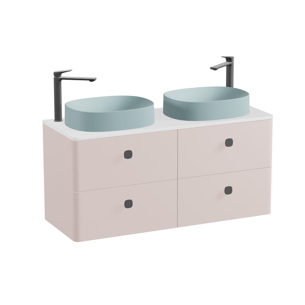 Vado Cameo 1200mm Pink Clay Wall Hung 4 Drawer Vanity Unit, Gloss Worktop & Cove Blue Oval Basins