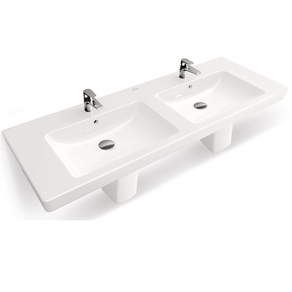 Product cut out image of Villeroy and Boch Subway 2.0 1300mm Double Vanity Basin with trap covers and taps 7175D001