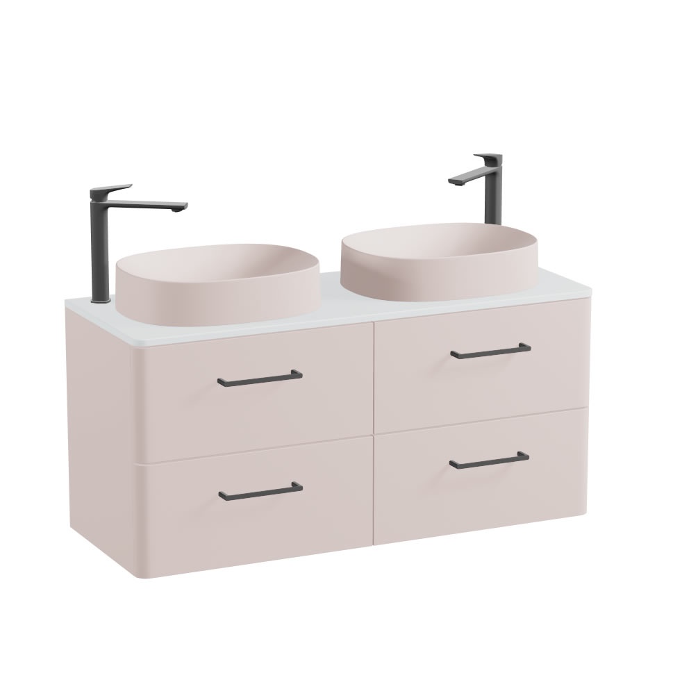 Vado Cameo 1200mm Pink Clay Wall Hung 4 Drawer Vanity Unit, Arctic Worktop & Pink Oval Basins
