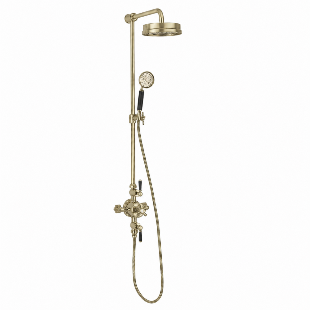 Cut out image of the Crosswater Waldorf Brushed Brass Thermostatic Shower Column with Black Handles