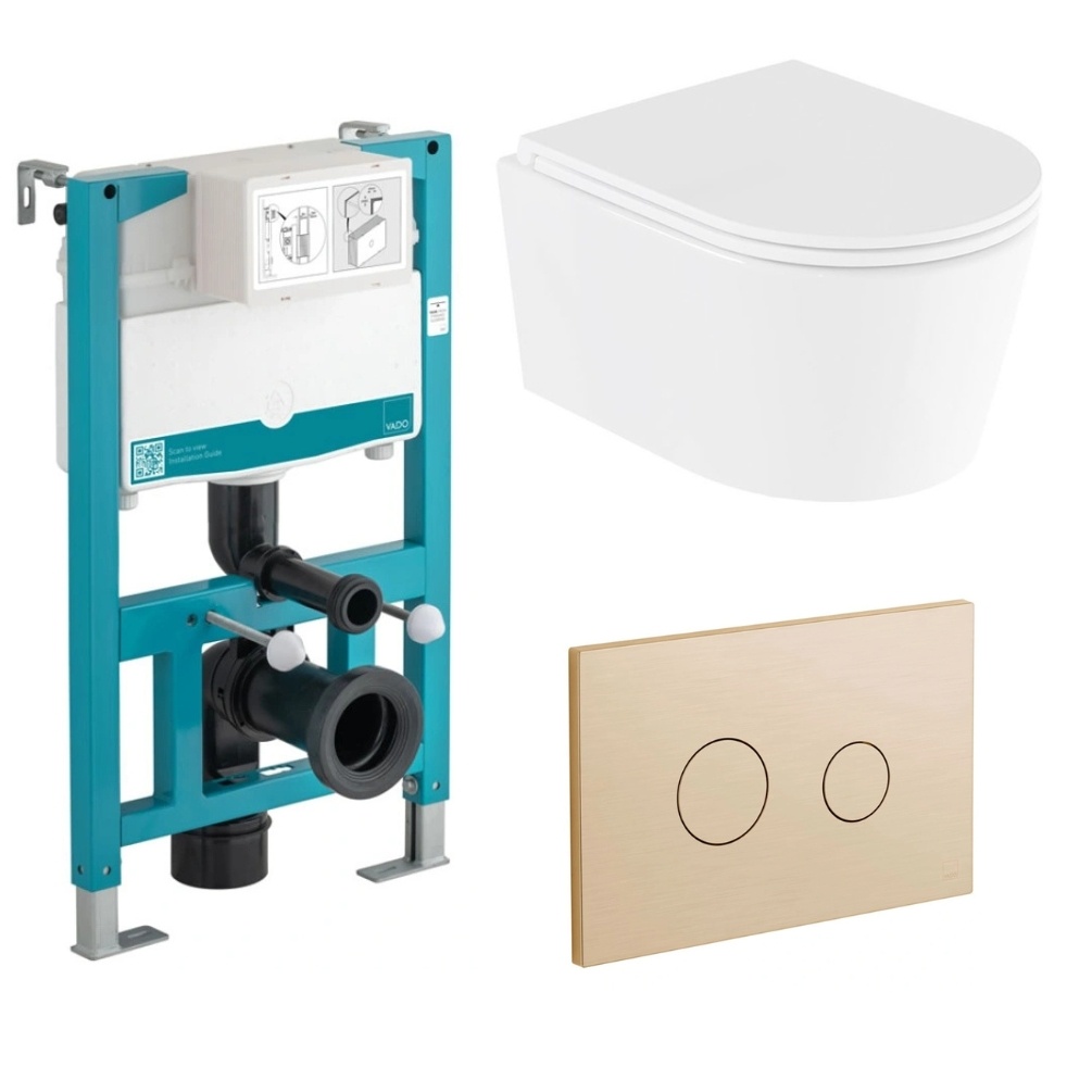 Vado Cameo Round Rimless Wall Hung Toilet with 835mm Short WC Frame, Cistern & Brushed Gold Flush Plate