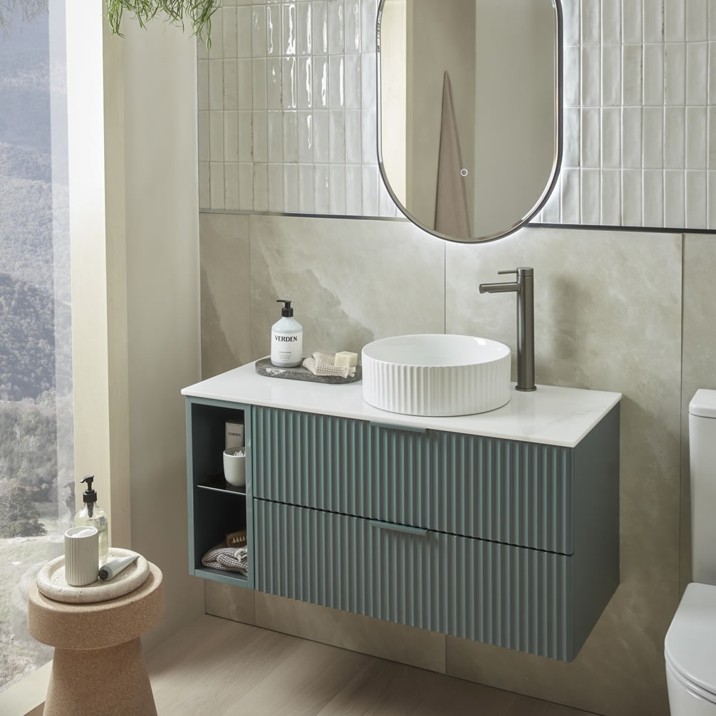 Tavistock Cadence Fluted 1000mm Viridian Green Wall Hung Vanity & Open Storage Unit - Lifestyle Image 1
