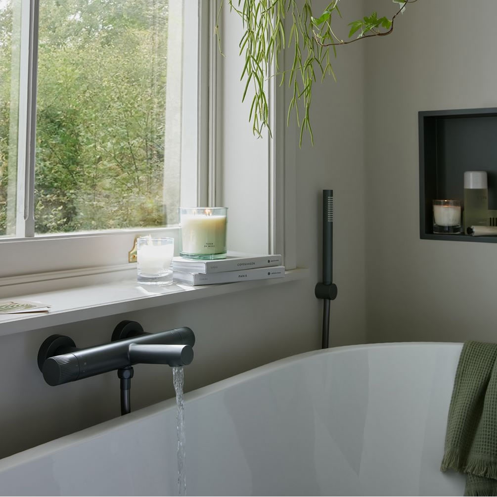 Vado Safari Leverless Pewter Exposed Thermostatic Wall Mounted Bath Shower Mixer - Lifestyle