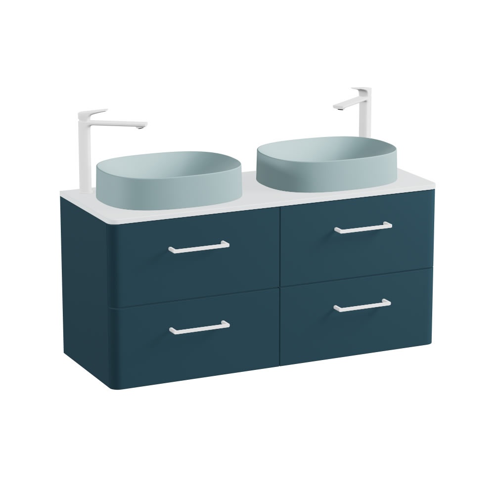 Vado Cameo 1200mm Atlantic Blue Wall Hung 4 Drawer Vanity Unit, Arctic Worktop & Cove Blue Basins