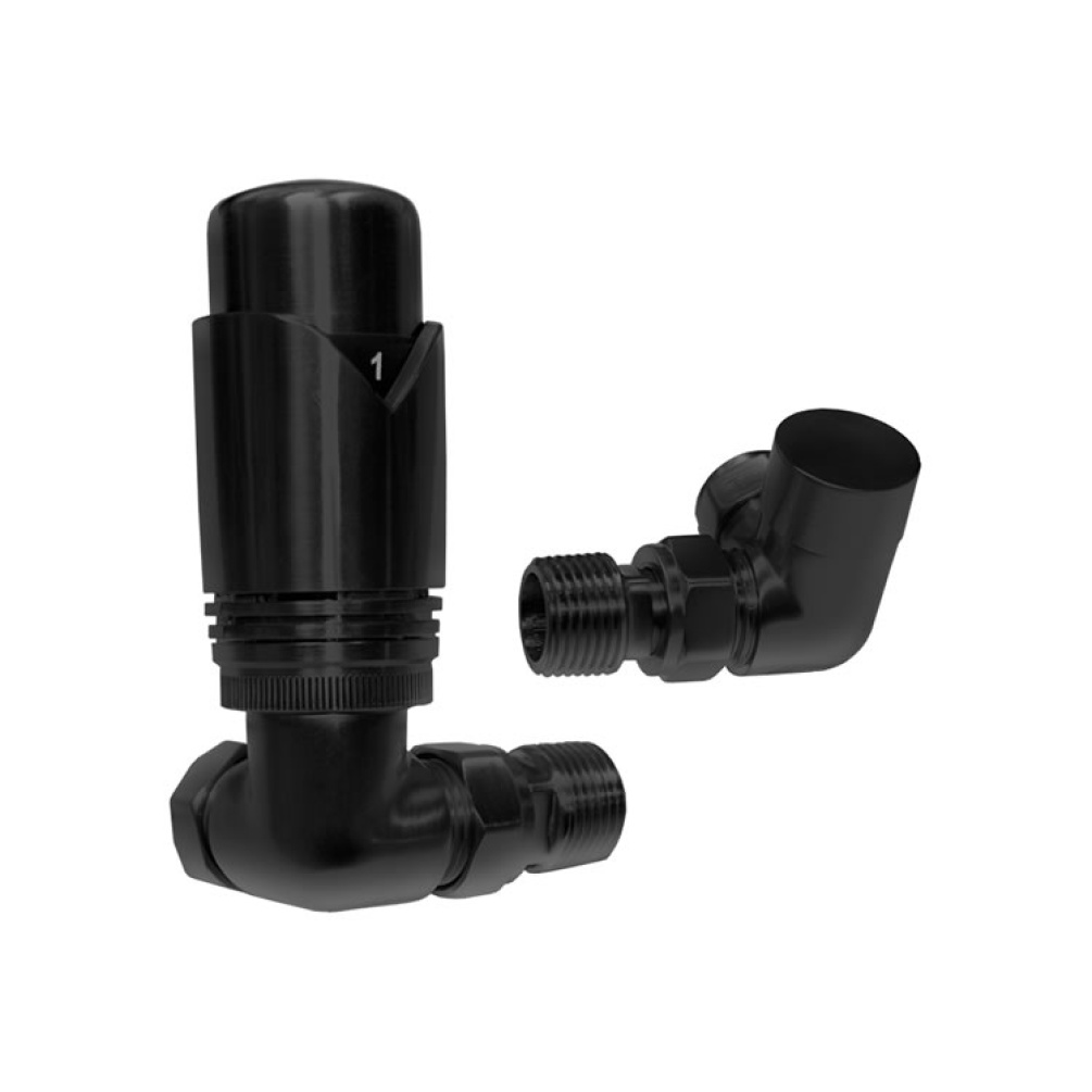 Product Cut out image of the Abacus Ultima Matt Black Corner Thermostatic Radiator Valves