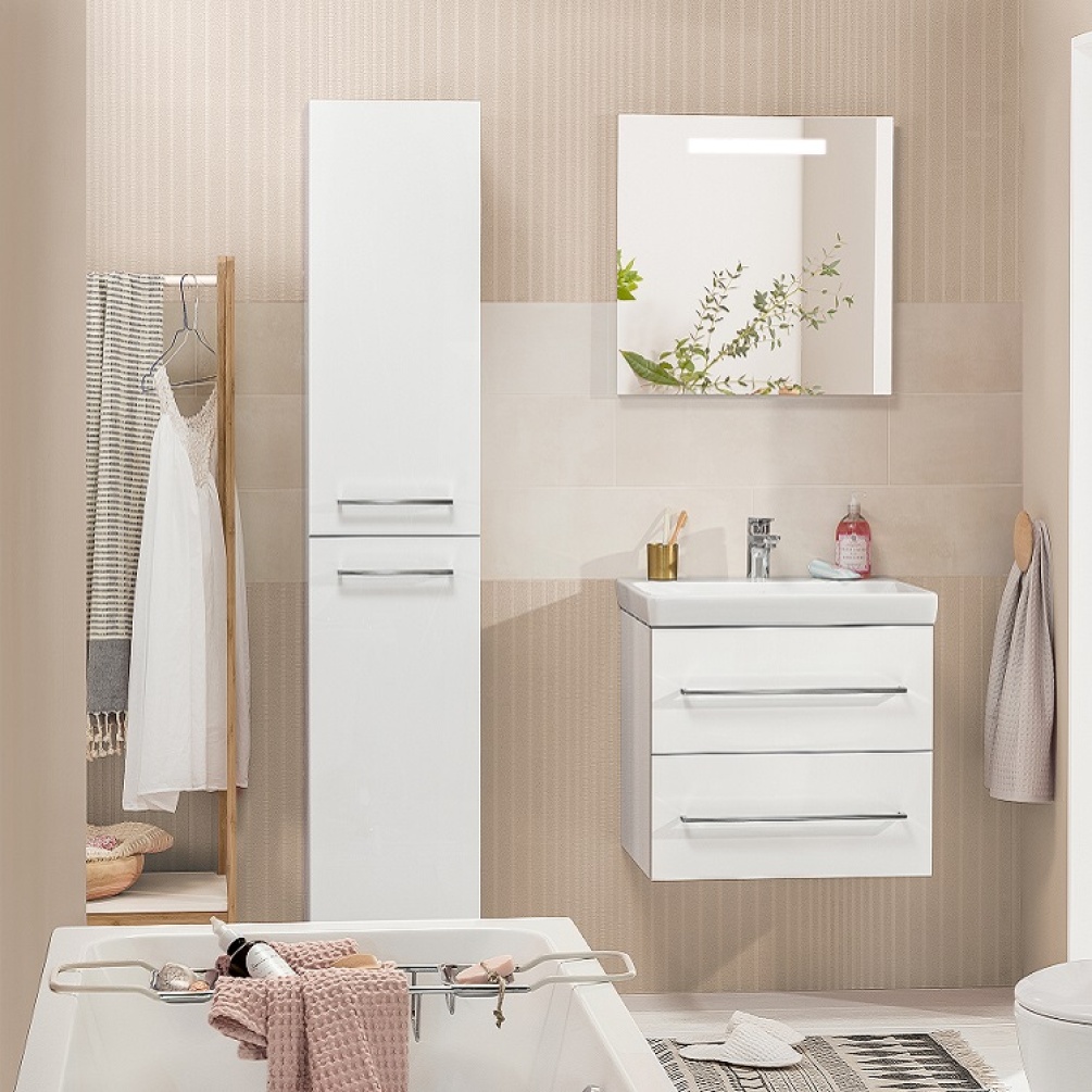 Lifestyle product photo image of Villeroy and Boch Avento Tall Cabinet in Crystal White mounted on bathroom wall with mirror vanity unit and bathtub A89400B4 A89401B4