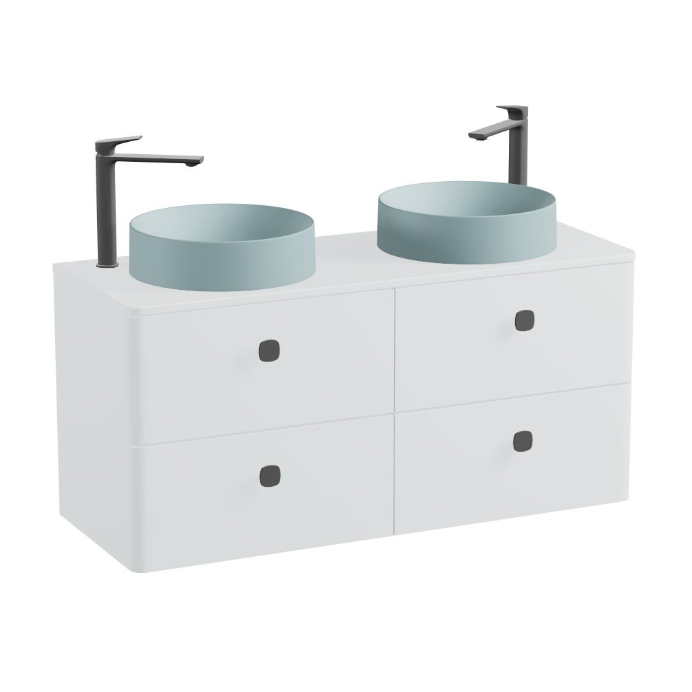 Vado Cameo 1200mm Arctic White Wall Hung 4 Drawer Vanity Unit, Worktop & Cove Blue Basins