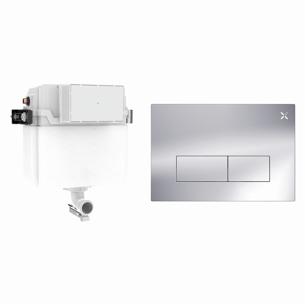 Cutout image of Crosswater 460mm Concealed Back-to-Wall Cistern & MPRO Stainless Steel Chrome Dual Flush Plate