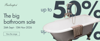 image of a traditional freestanding bath on light green background with text saying big bathroom sale and up to 50% off with burlington logo