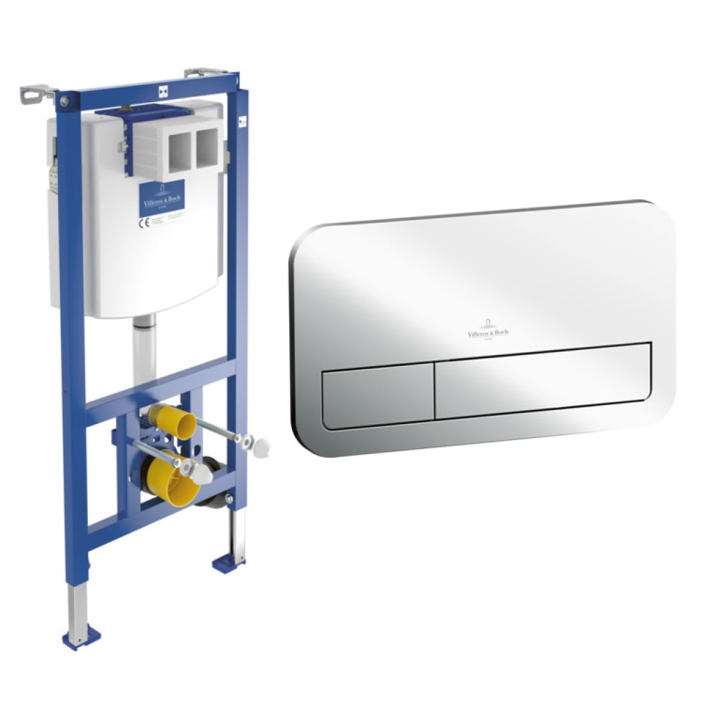 Cutout image of Villeroy & Boch 1120mm ViConnect Cistern Frame & Chrome ViConnect Dual Flush Plate