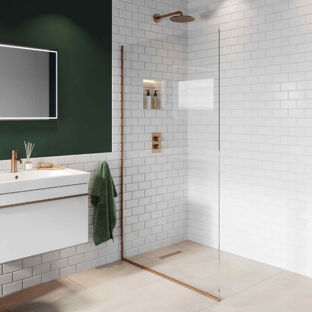 Product Lifestyle image of the Abacus Brushed Bronze 990mm Fixed 10mm Wet Room Screen