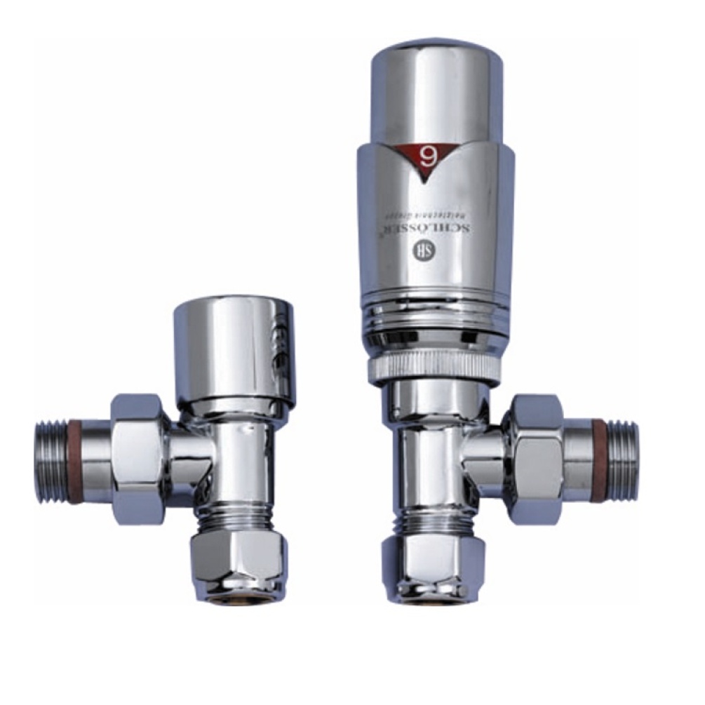 Product cut out image of The Sussex Range by JIS Chrome Angled Thermostatic Radiator Valves (TRVs) - polished or satin chrome - VWATRV