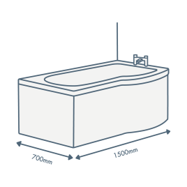 iconography image of a bathtub with 1500mm length text and 700mm width text illustrating this sized bath