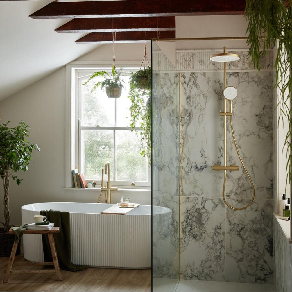 Vado Safari Lever Satin Brass Exposed Thermostatic Shower Column - Lifestyle Image 1